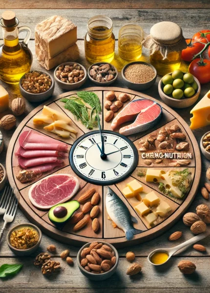 oici une nouvelle illustration mettant en avant des aliments clés de la chrononutrition, avec des fromages, viandes, poissons, huile d'olive, noix, amandes, et oléagineux. L'image évoque un équilibre entre plaisir et bien-être, en harmonie avec les principes de la chrononutrition.