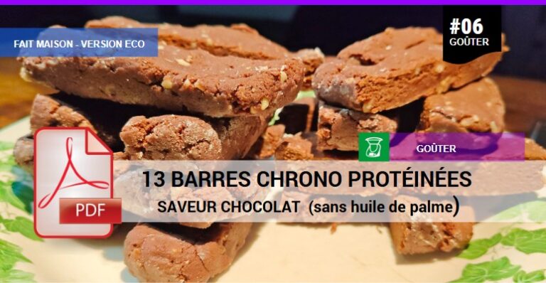 Les 16 ingrédients pour réaliser vos propres barres protéinées chrono-nutrition, faites maison, double saveur chocolat, sans huile de palme.